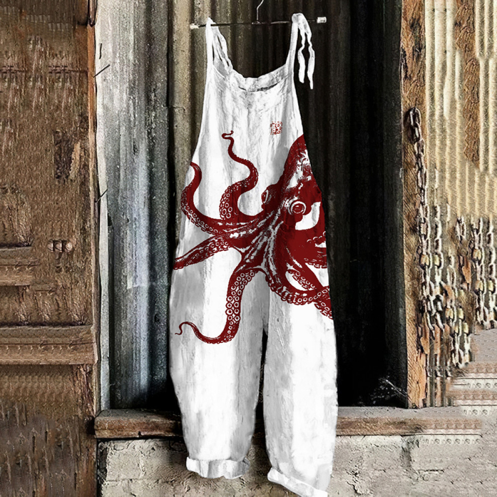 Japanese Art Retro Octopus Print Casual Loose Jumpsuit