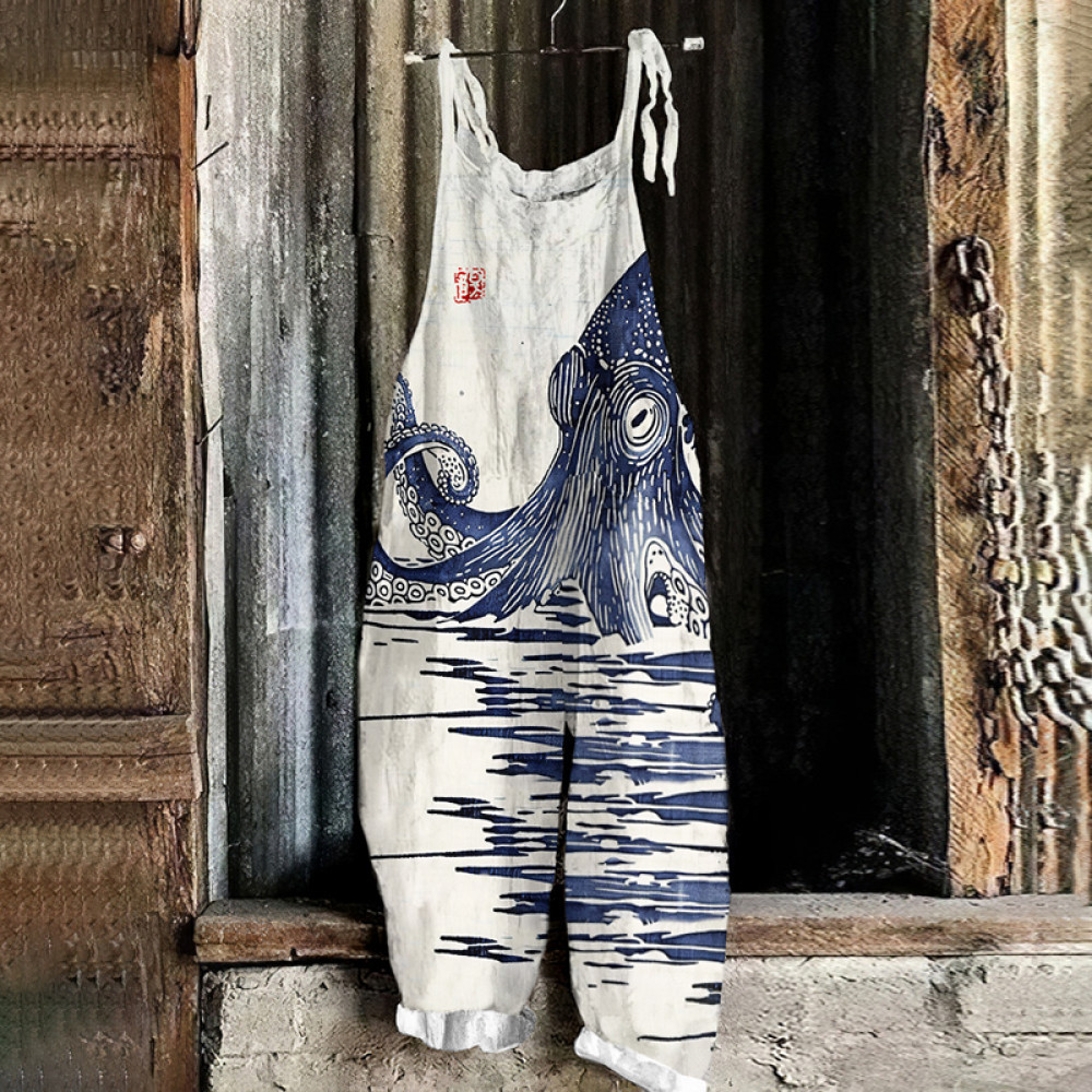 Japanese Art Sea World Vintage Octopus Graphic Painting Art Loose Jumpsuit