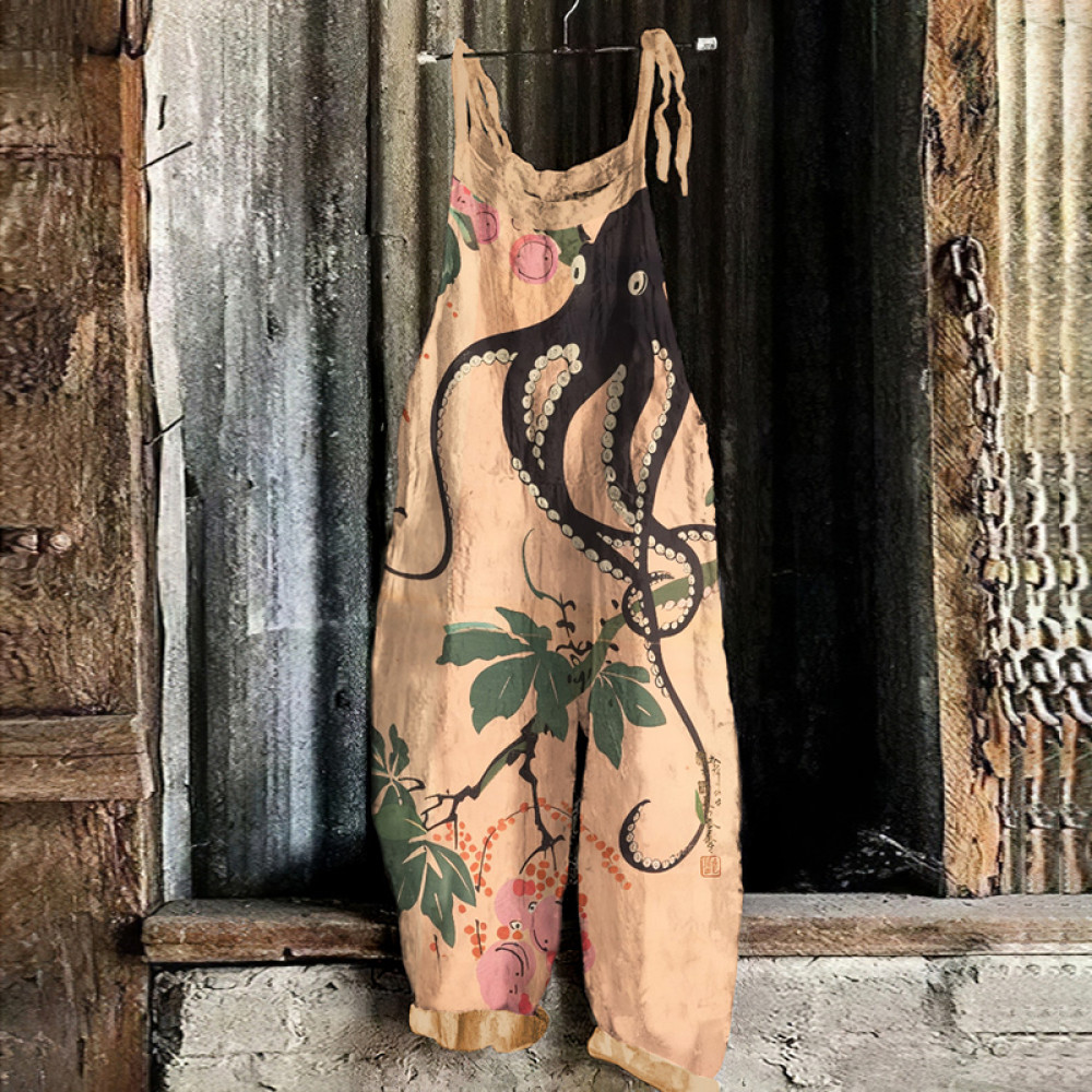 Japanese Art Vintage Floral Octopus Graphic Painting Art Loose Jumpsuit