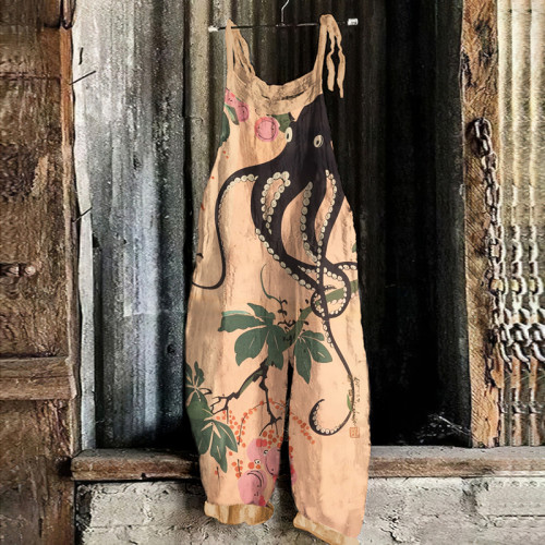 Japanese Art Vintage Floral Octopus Graphic Painting Art Loose Jumpsuit