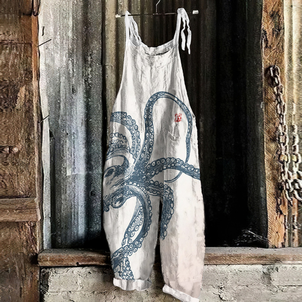 Japanese Art Vintage Octopus Graphic Painting Art Loose Jumpsuit