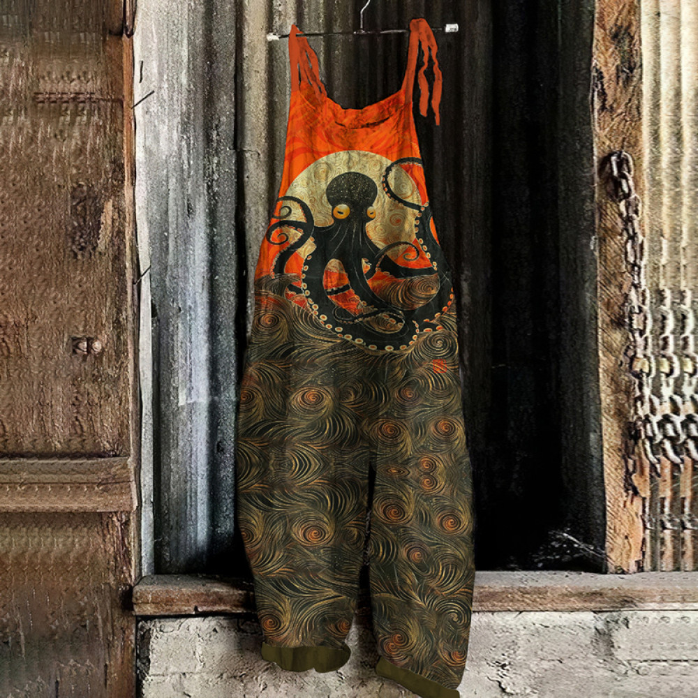 Japanese Art Vintage Octopus Graphic Painting Art Loose Jumpsuit