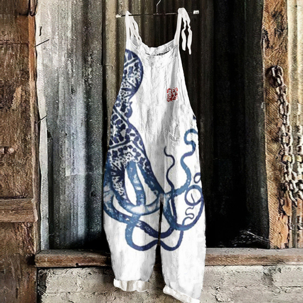 Japanese Art Vintage Octopus Graphic Painting Loose Jumpsuit