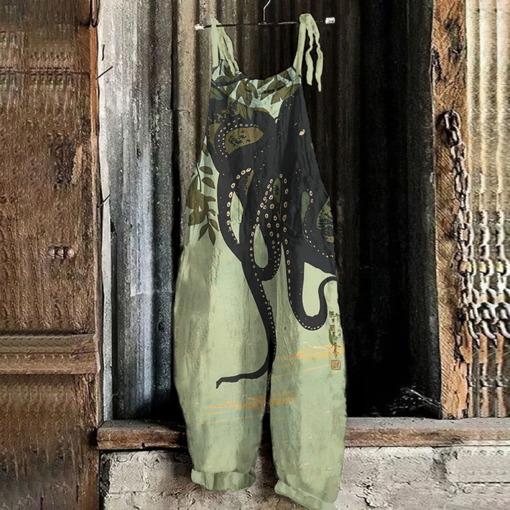 Japanese Art Vintage Octopus On The Tree Graphic Painting Art Loose Jumpsuit