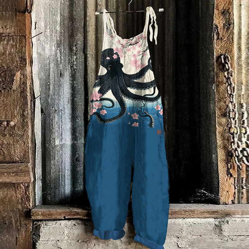 Japanese Art Vintage Octopus Sea World Floral Graphic Painting Art Loose Jumpsuit