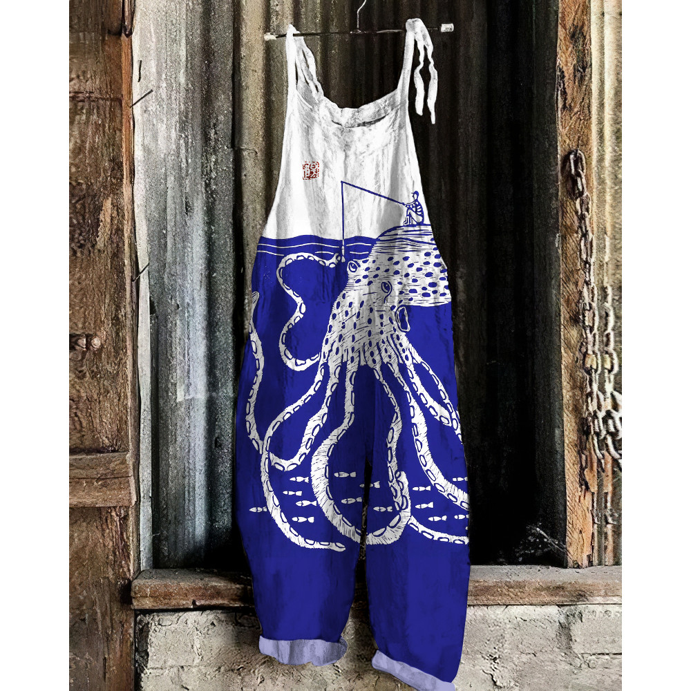 Japanese Art Vintage Sea Life Octopus Fishing Graphic Painting Art Loose Jumpsuit