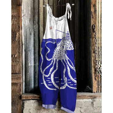 Japanese Art Vintage Sea Life Octopus Fishing Graphic Painting Art Loose Jumpsuit