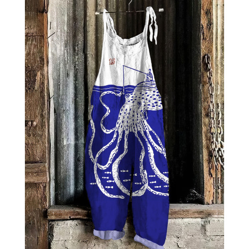 Japanese Art Vintage Sea Life Octopus Fishing Graphic Painting Art Loose Jumpsuit