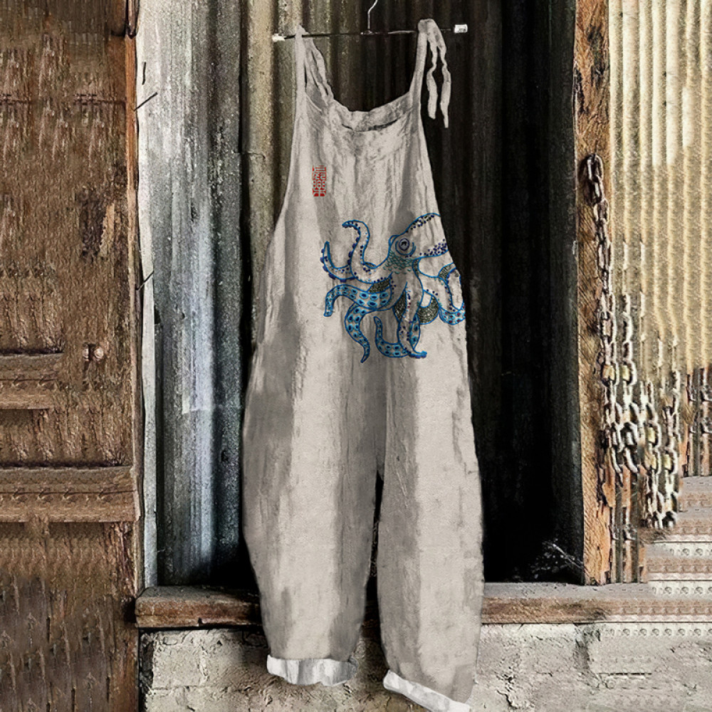 Japanese Octopus Art Print Loose Casual Jumpsuit