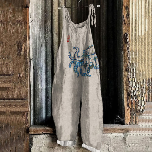Japanese Octopus Art Print Loose Casual Jumpsuit