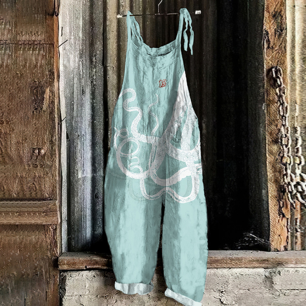 Japanese Octopus Art Print Loose Casual Jumpsuit