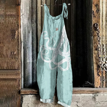 Japanese Octopus Art Print Loose Casual Jumpsuit
