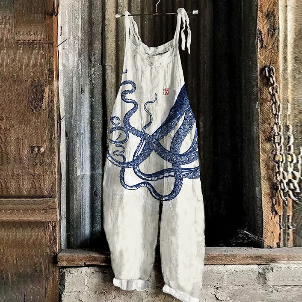 Japanese Octopus Art Print Loose Casual Jumpsuit