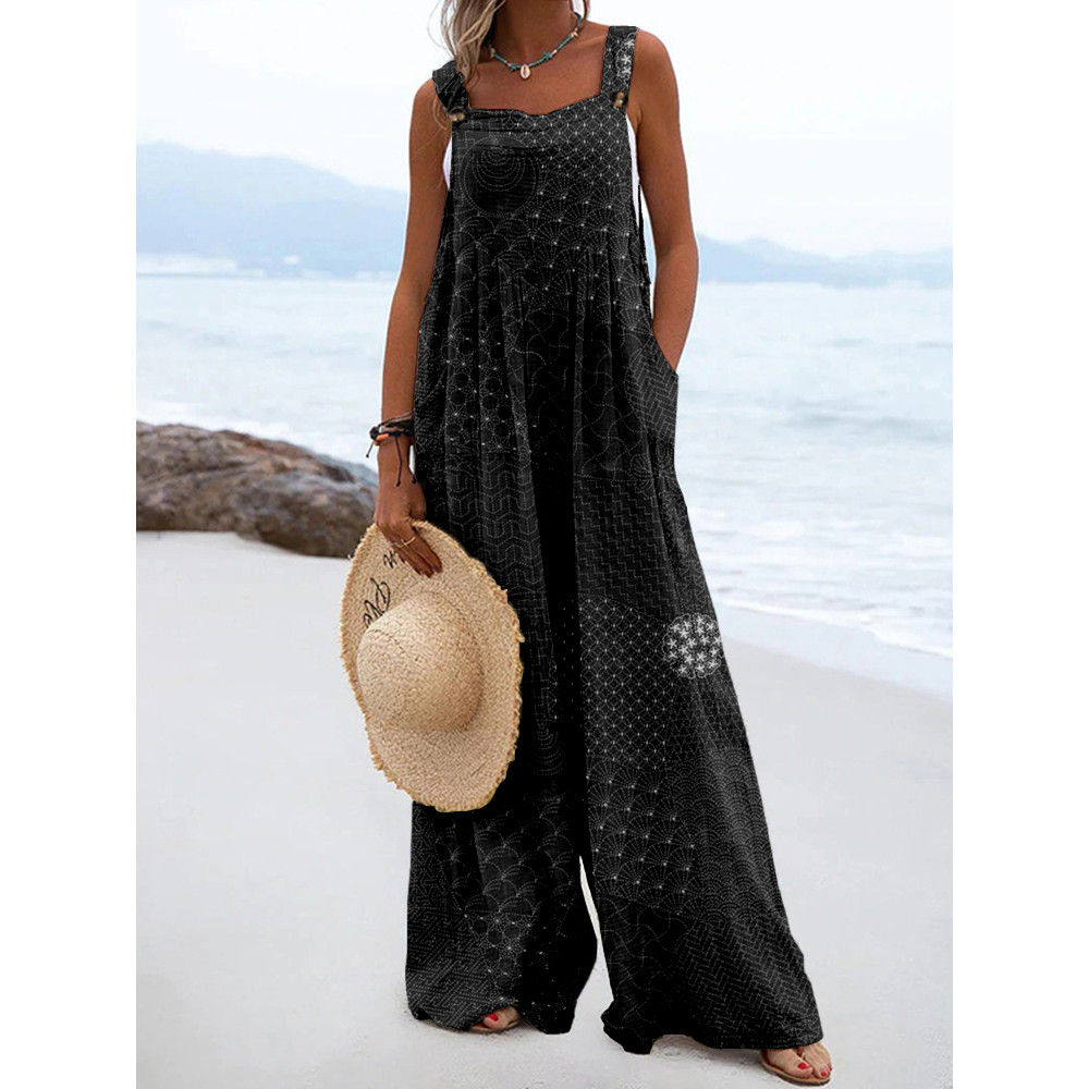 Japanese Traditional Sashiko Art Linen Blend Jumpsuit