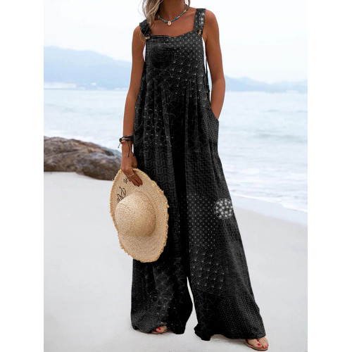 Japanese Traditional Sashiko Art Linen Blend Jumpsuit