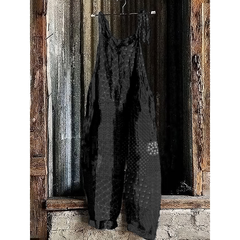 Japanese Traditional Sashiko Art Linen Blend Jumpsuit