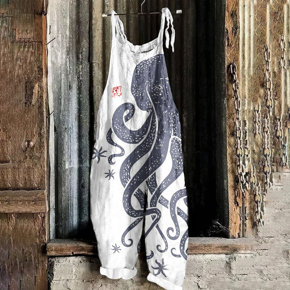 Japanese Vintage Octopus Graphic Painting Art Loose Jumpsuit