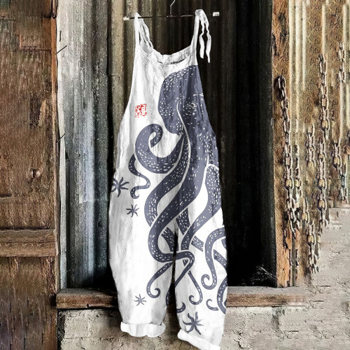 Japanese Vintage Octopus Graphic Painting Art Loose Jumpsuit