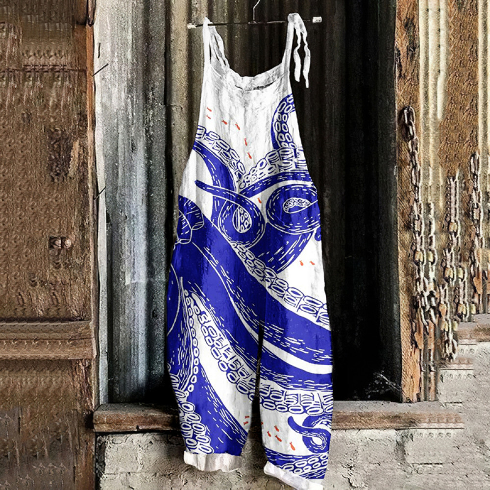 Japanese Vintage Octopus & Fish Graphic Painting Art Loose Jumpsuit