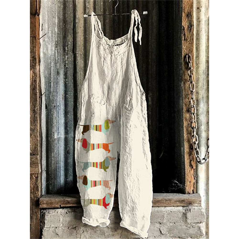 Lively Dachshund Print Linen Blend Casual Jumpsuit