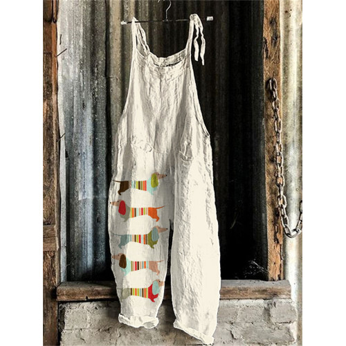 Lively Dachshund Print Linen Blend Casual Jumpsuit
