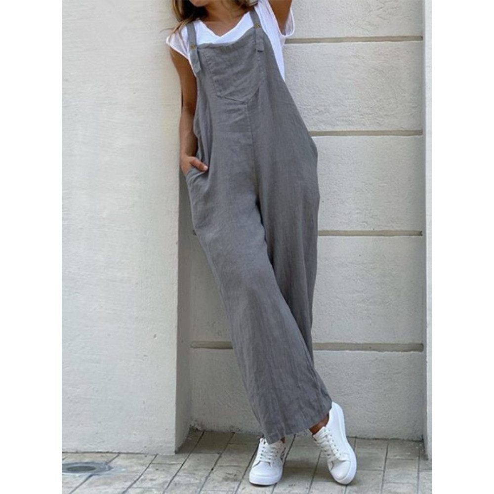 Loose Fit Patch Pocket Linen Cotton Jumpsuit