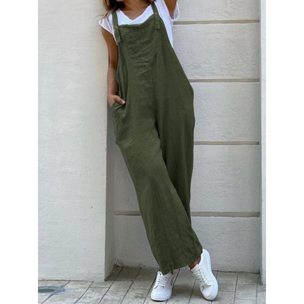Loose Fit Patch Pocket Linen Cotton Jumpsuit