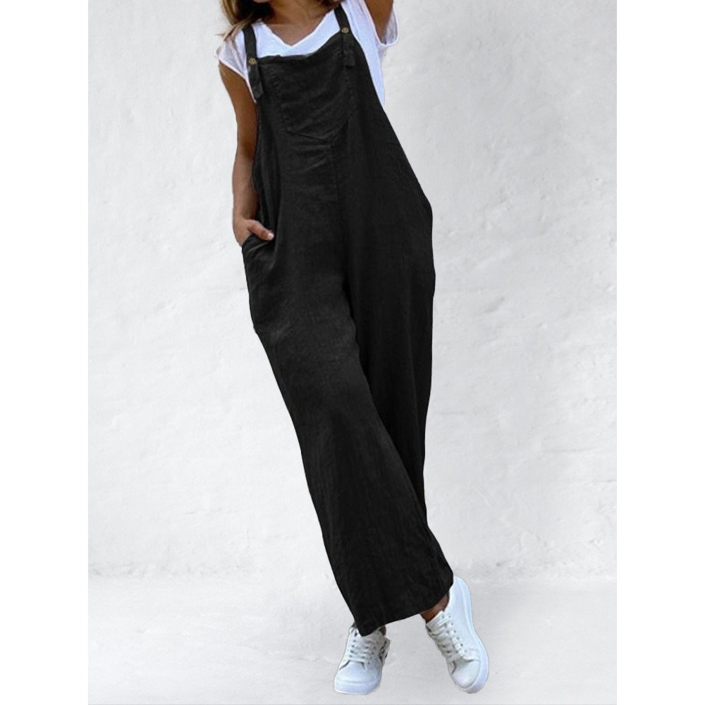 Loose Fit Patch Pocket Linen Cotton Jumpsuit