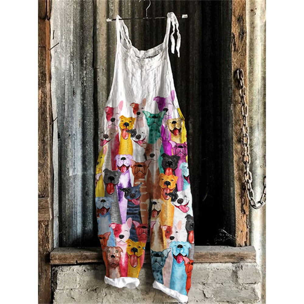 Lovely Colorful Dogs Art Loose Fit Jumpsuit