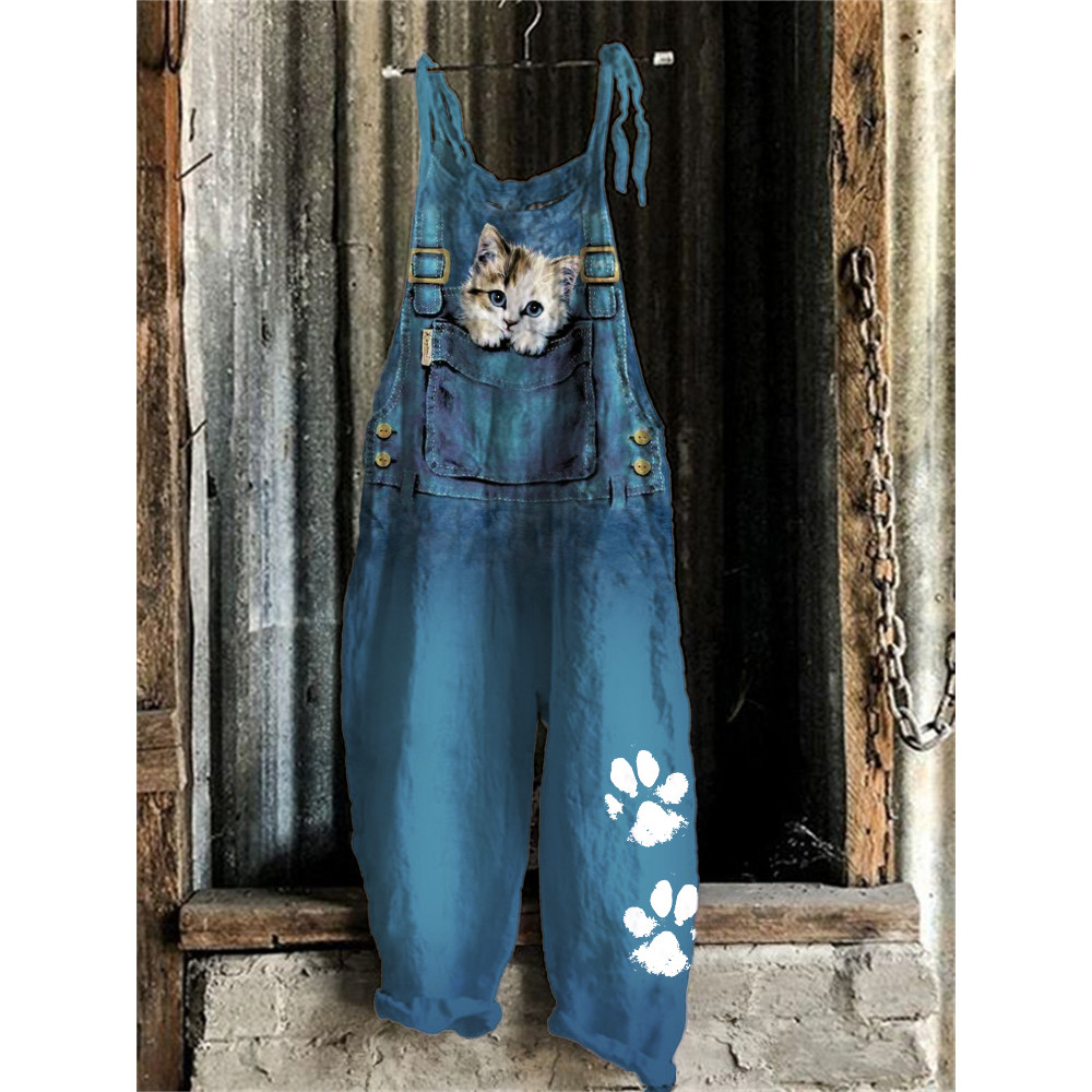Lovely Kitten in Pocket Paw Prints Jumpsuit