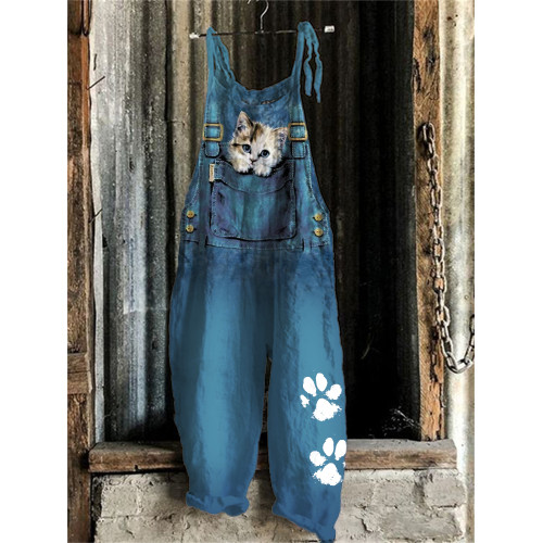 Lovely Kitten in Pocket Paw Prints Jumpsuit