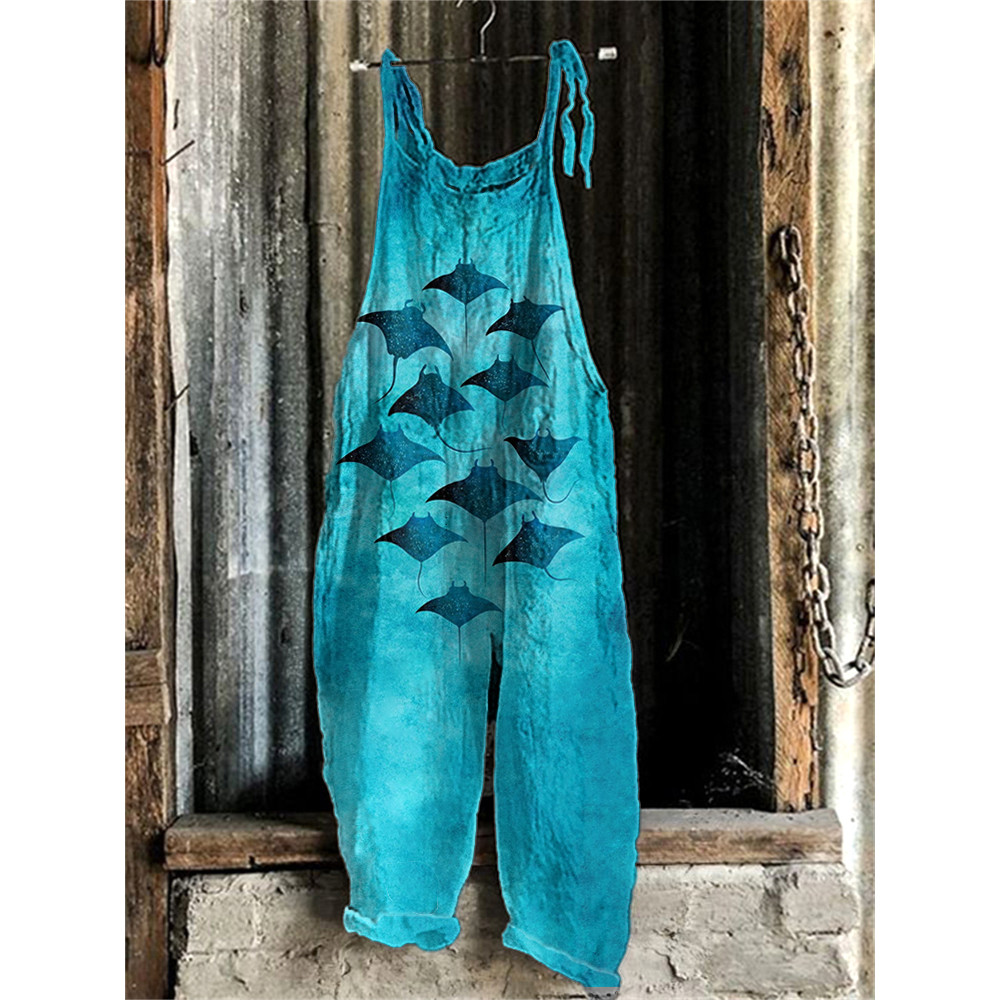 Manta Rays Print Linen Blend Casual Jumpsuit