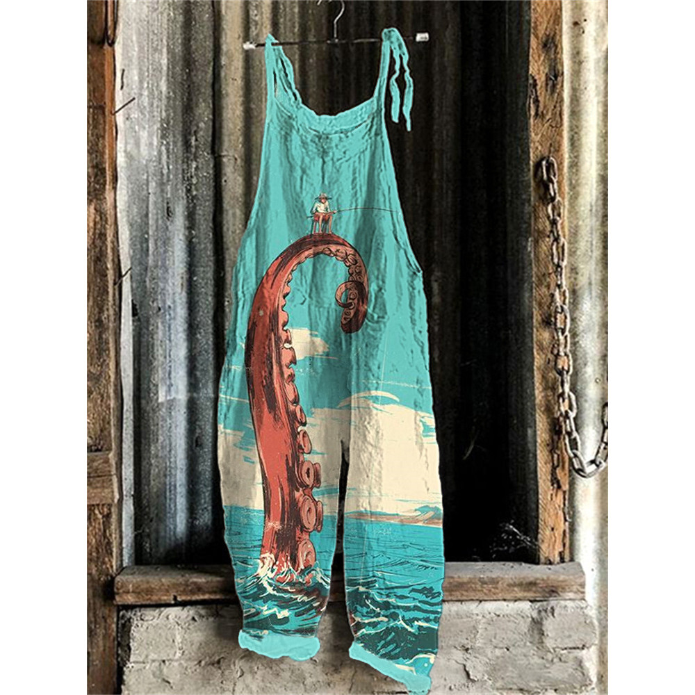 Ocean Octopus Japanese Art Linen Blend Jumpsuit