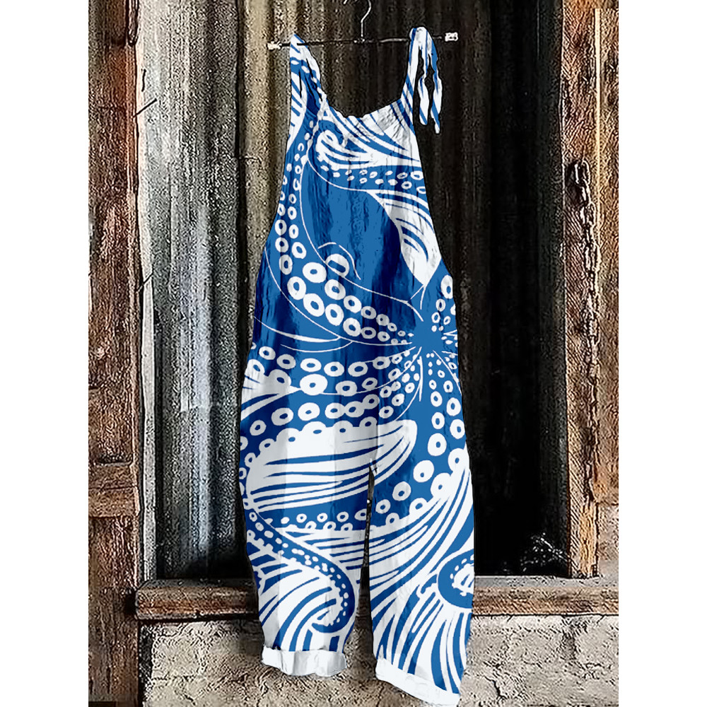 Ocean Octopus Lino Art Linen Blend Comfy Jumpsuit