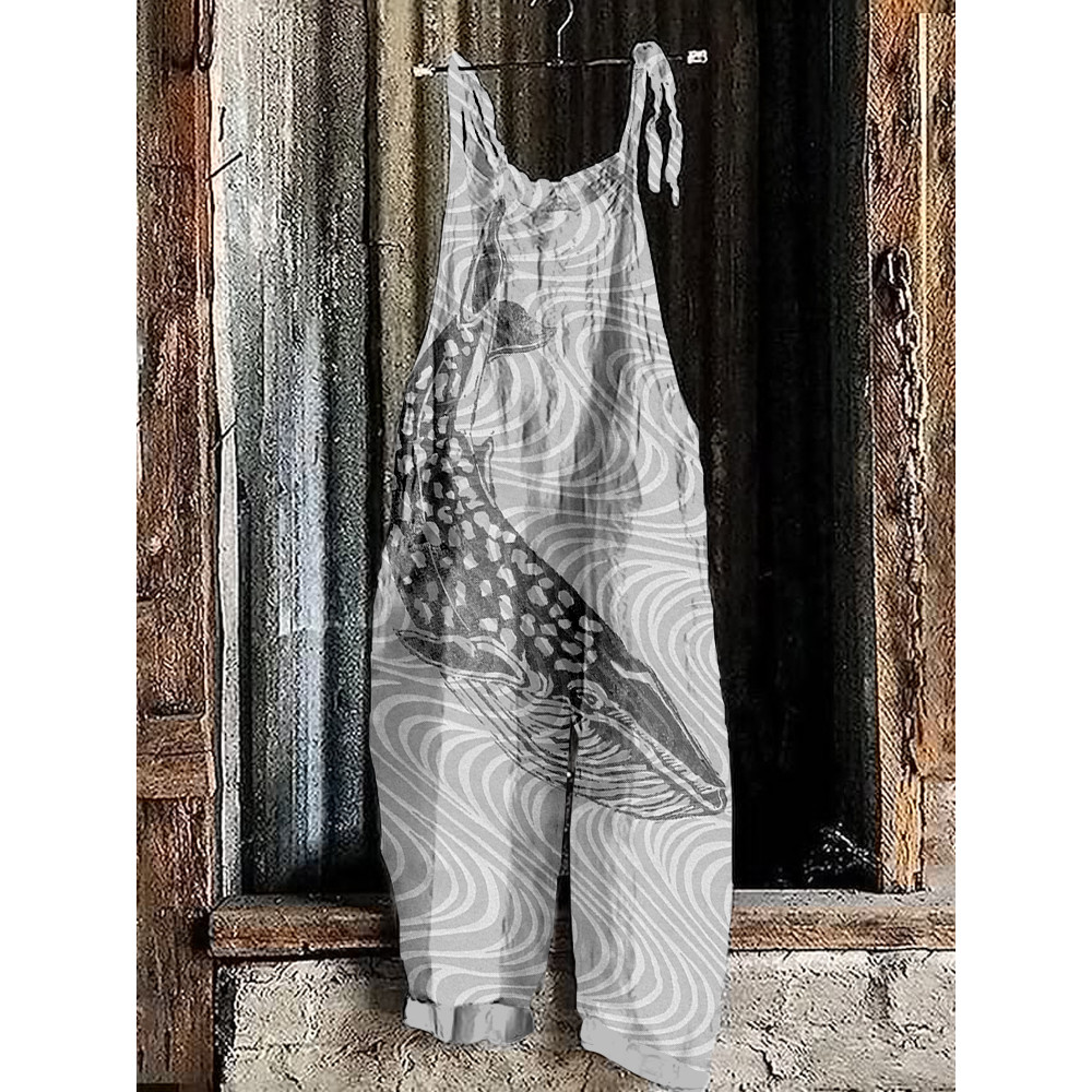 Ocean Whale Lino Art Linen Blend Loose Fit Jumpsuit