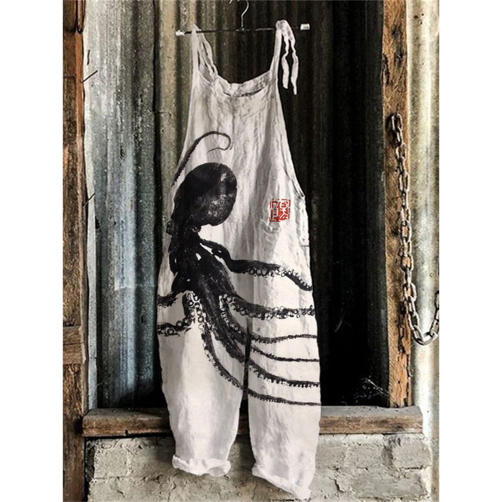 Octopus Japanese Ink Art Linen Blend Casual Jumpsuit