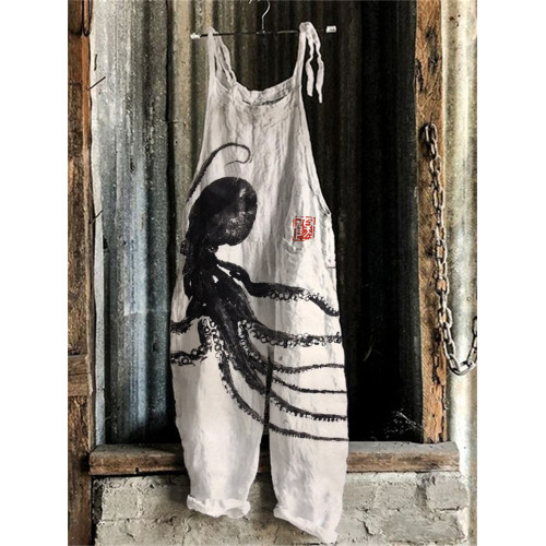 Octopus Japanese Ink Art Linen Blend Casual Jumpsuit