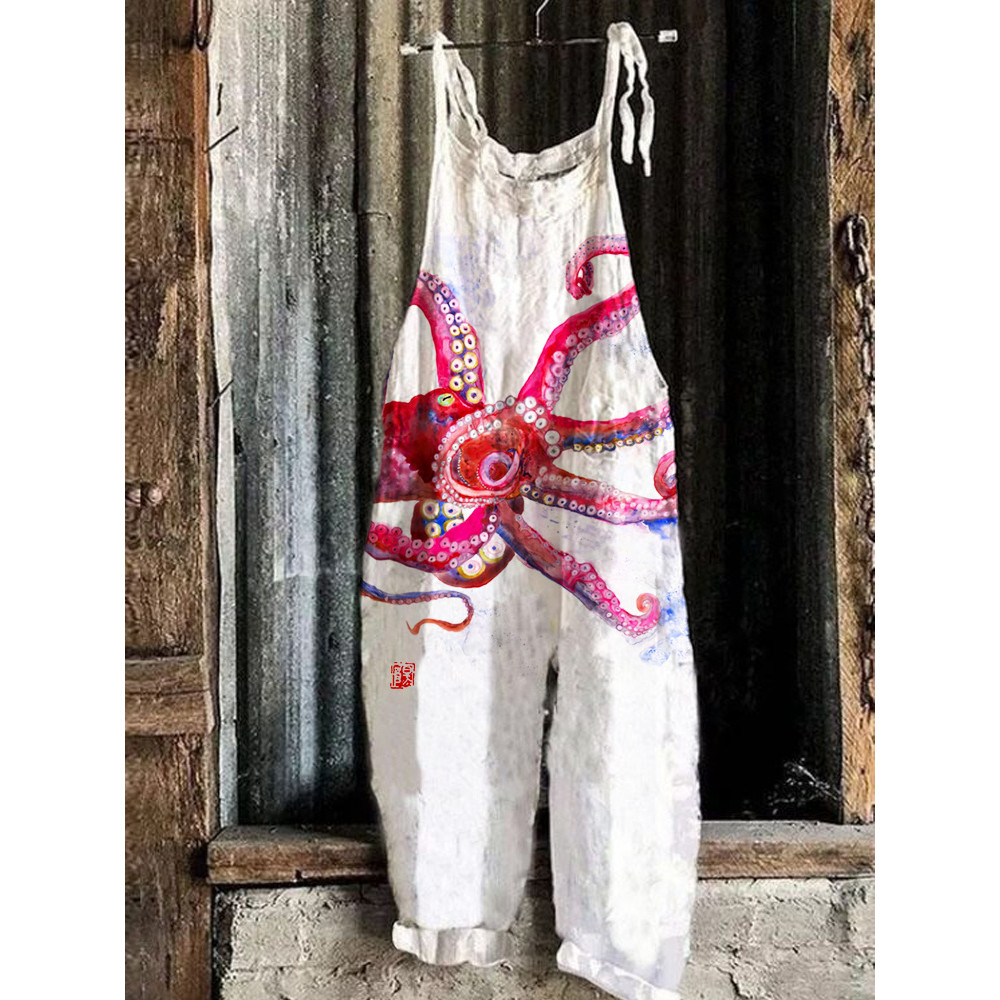 Pink Octopus Tentacle Print Linen Loose Casual Jumpsuit