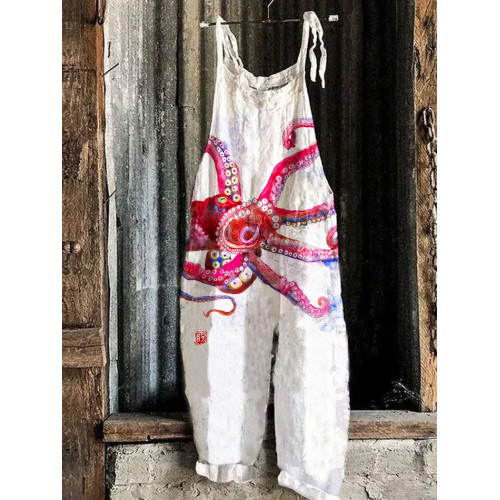 Pink Octopus Tentacle Print Linen Loose Casual Jumpsuit