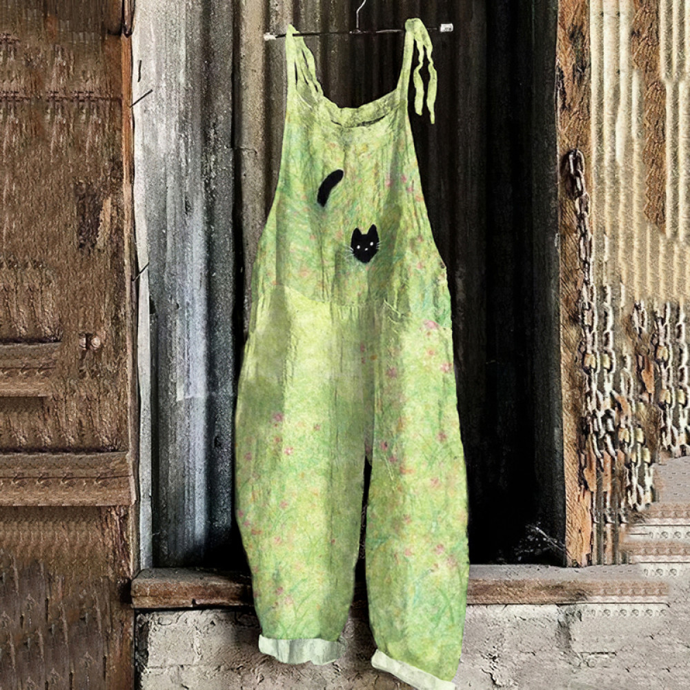 Plant & Cat Painting Art Loose Casual Jumpsuit