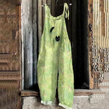 Plant & Cat Painting Art Loose Casual Jumpsuit