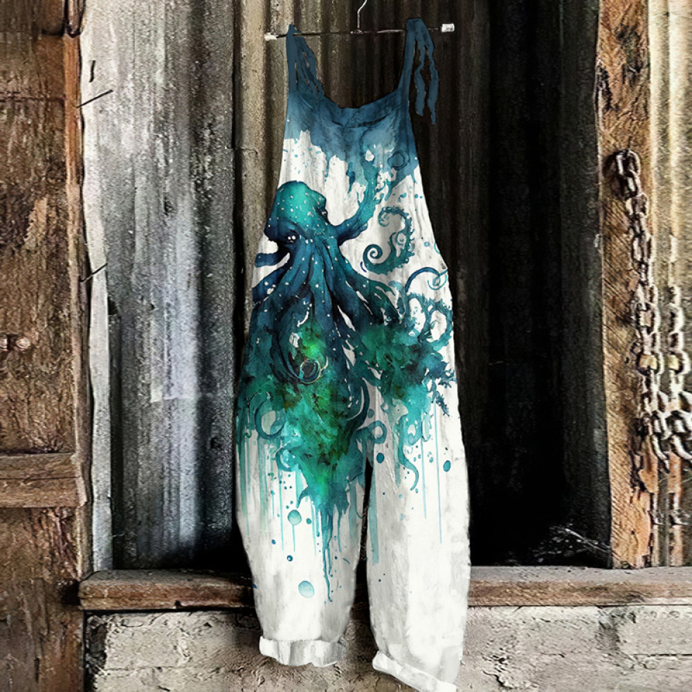 Retro Watercolor Mutated Octopus Print Loose Casual Jumpsuit