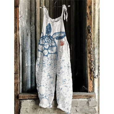 Sea Turtle Japanese Lino Art Linen Blend Jumpsuit