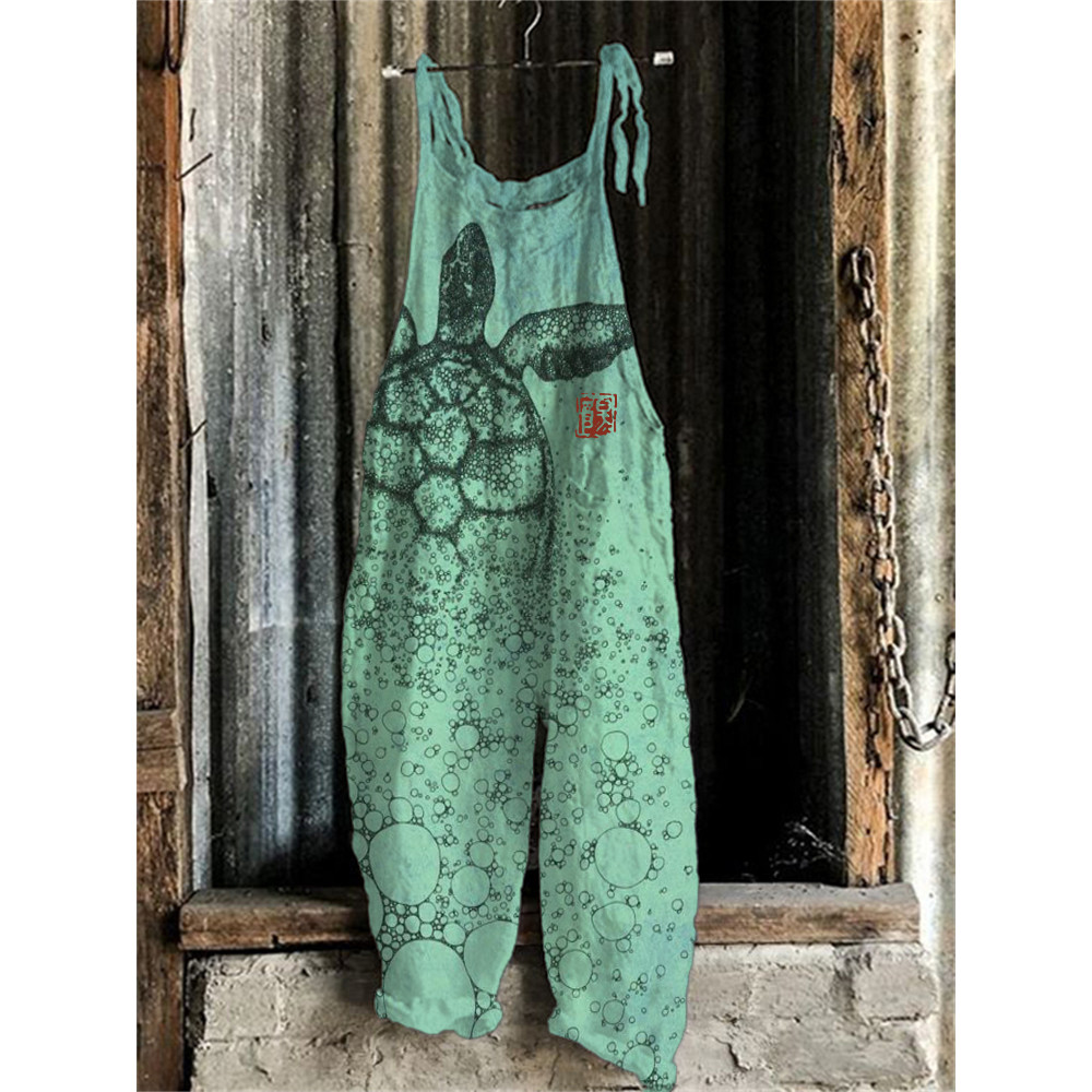 Sea Turtle Japanese Lino Art Linen Blend Jumpsuit