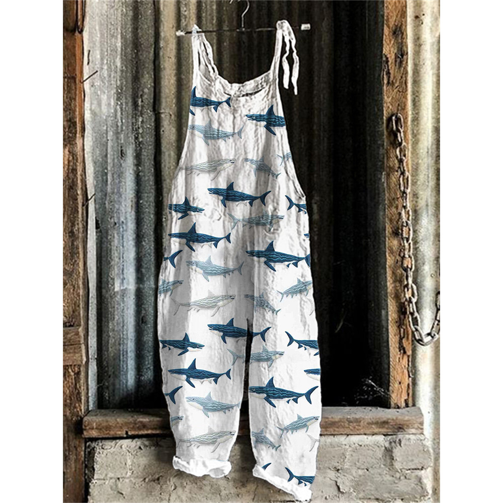 Sharks Embroidery Pattern Linen Blend Casual Jumpsuit