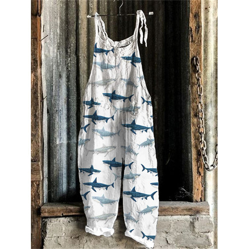 Sharks Embroidery Pattern Linen Blend Casual Jumpsuit