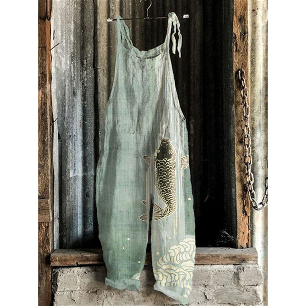 Upstream Carp Japanese Art Linen Blend Jumpsuit
