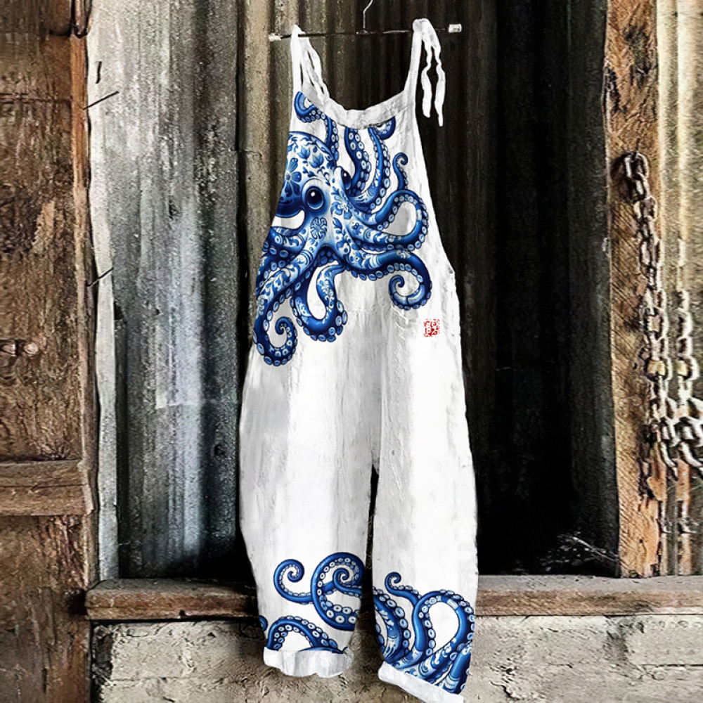 Vintage Blue And White Porcelain Octopus Art Print Loose Jumpsuit