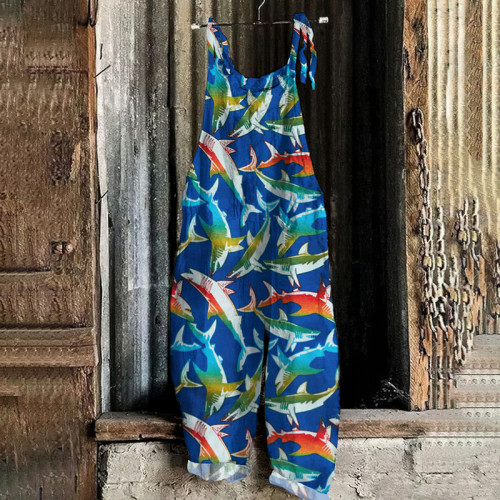 Vintage Colorful Shark Graphic Painting Art Loose Jumpsuit