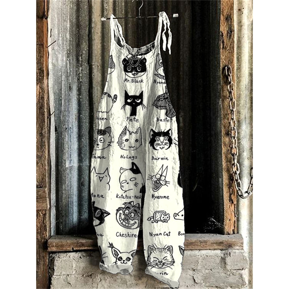 Vintage Cute Black Cat Print Linen Blend Loose Fit Cozy Jumpsuit